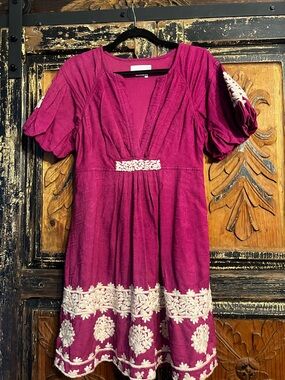 Anthropologie Bright Magenta Blouse with Cream Stitching